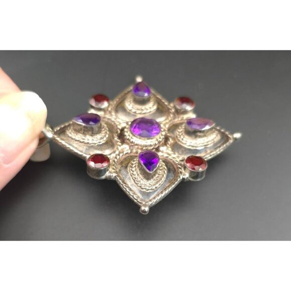 Vintage 925 Sterling Silver Pendant Amethyst & Garnet Stones Intricate Design - Picture 5 of 12